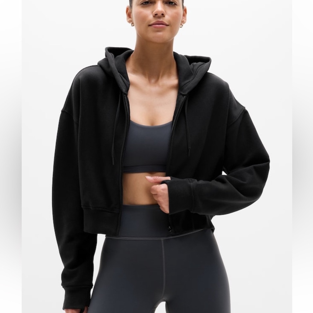 Athleta Forever Fleece Crop Full Zip Hoodie - Black - Size XS